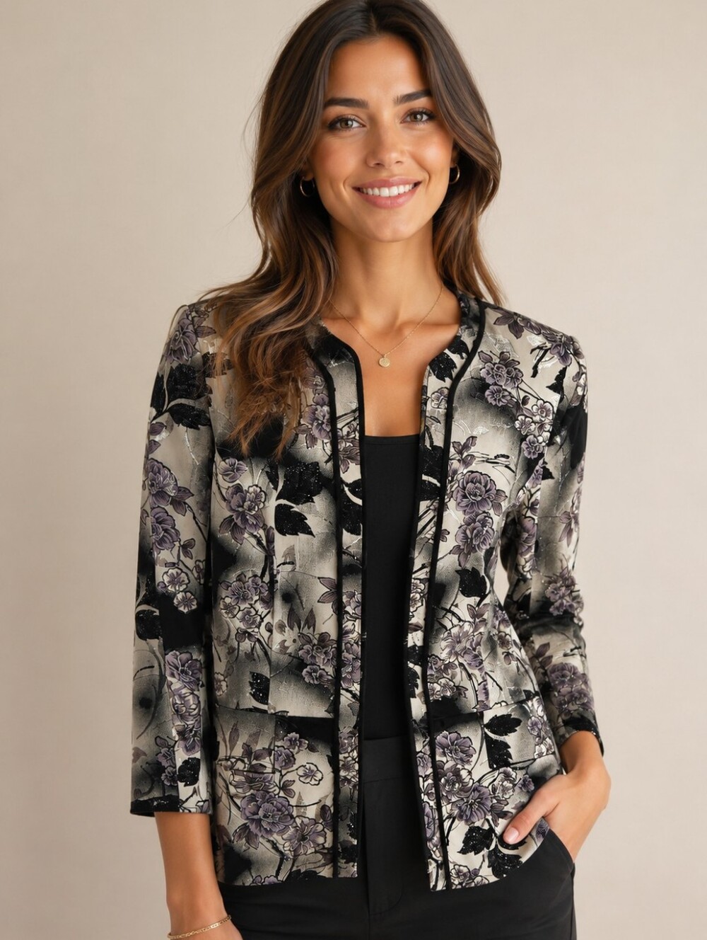 🌻372. JM Studio Floral Metallic Jacket in Black and Gray